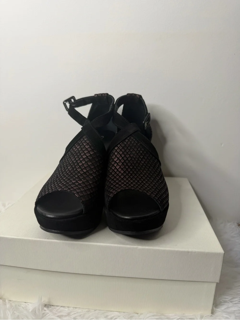 Cordani Black and Metallic Rose Textured Wedge Sandals